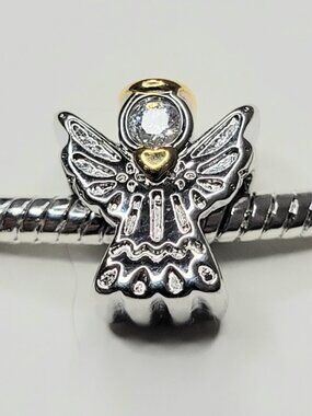 NWT For Pandora Style Bracelets Shiny Silver & Gold Color Angel Charm With Halo